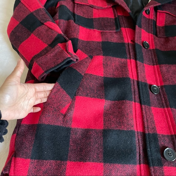 Sold! Plaid Wool Oversized Shirt Jacket Red Buffalo/cream Sherpa - Picture 10 of 16